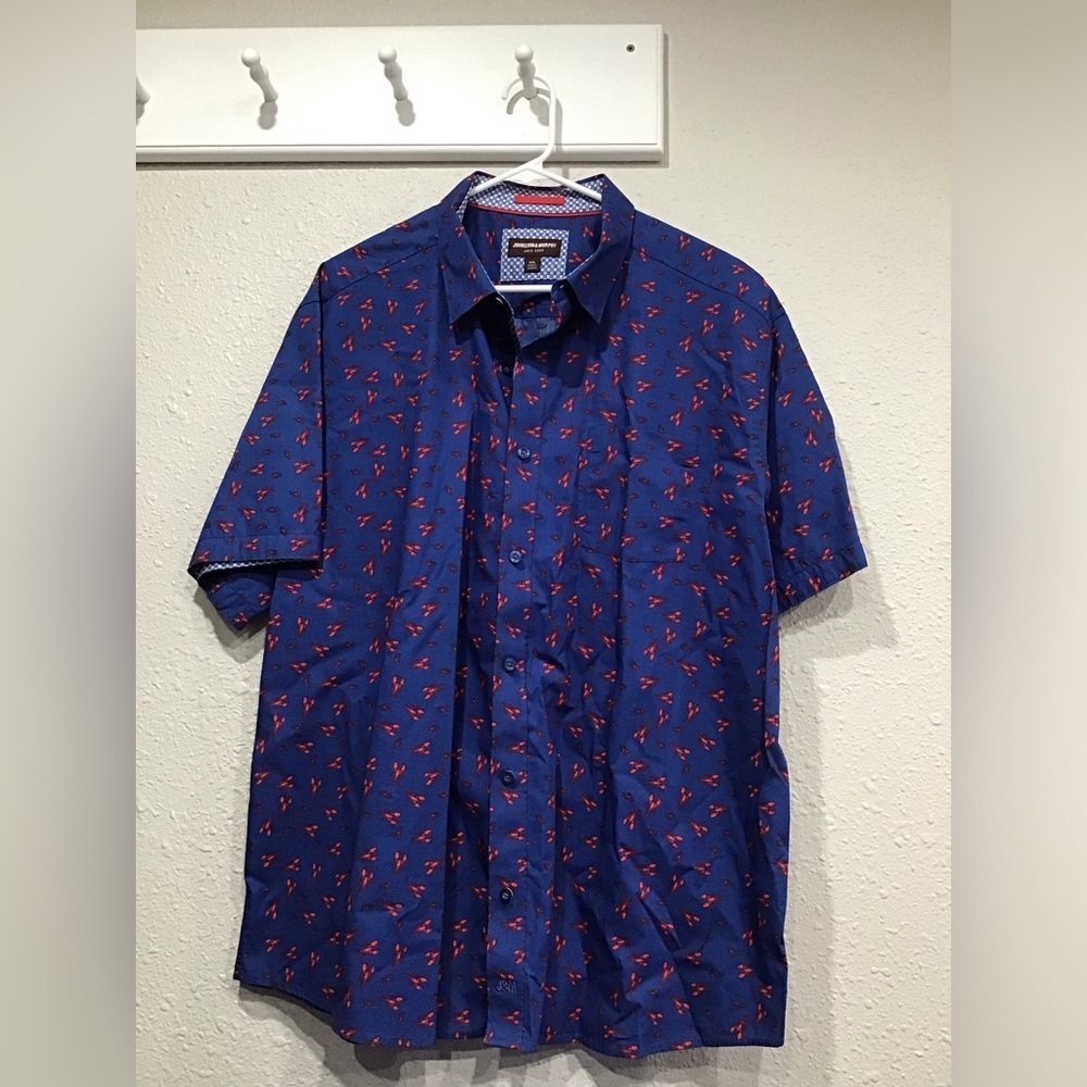 Johnston & Murphy Men’s XXL Lobster Print Button-Up Shirt‎ Blue Short Sleeve
